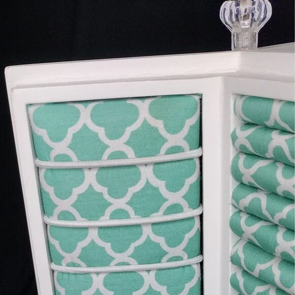 Pottery Barn Teen Rotating Spinning 3-sided White Teal Jewelry Organizer Box